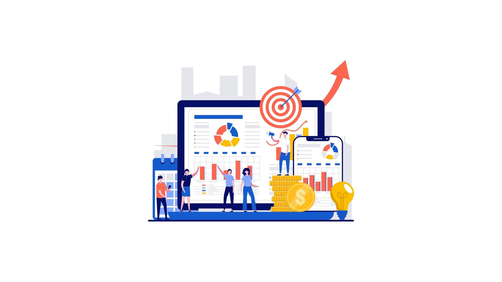 ilustrasi boost sales dengan elemen tim bisnis dan data visual pada sebuah layar laptop