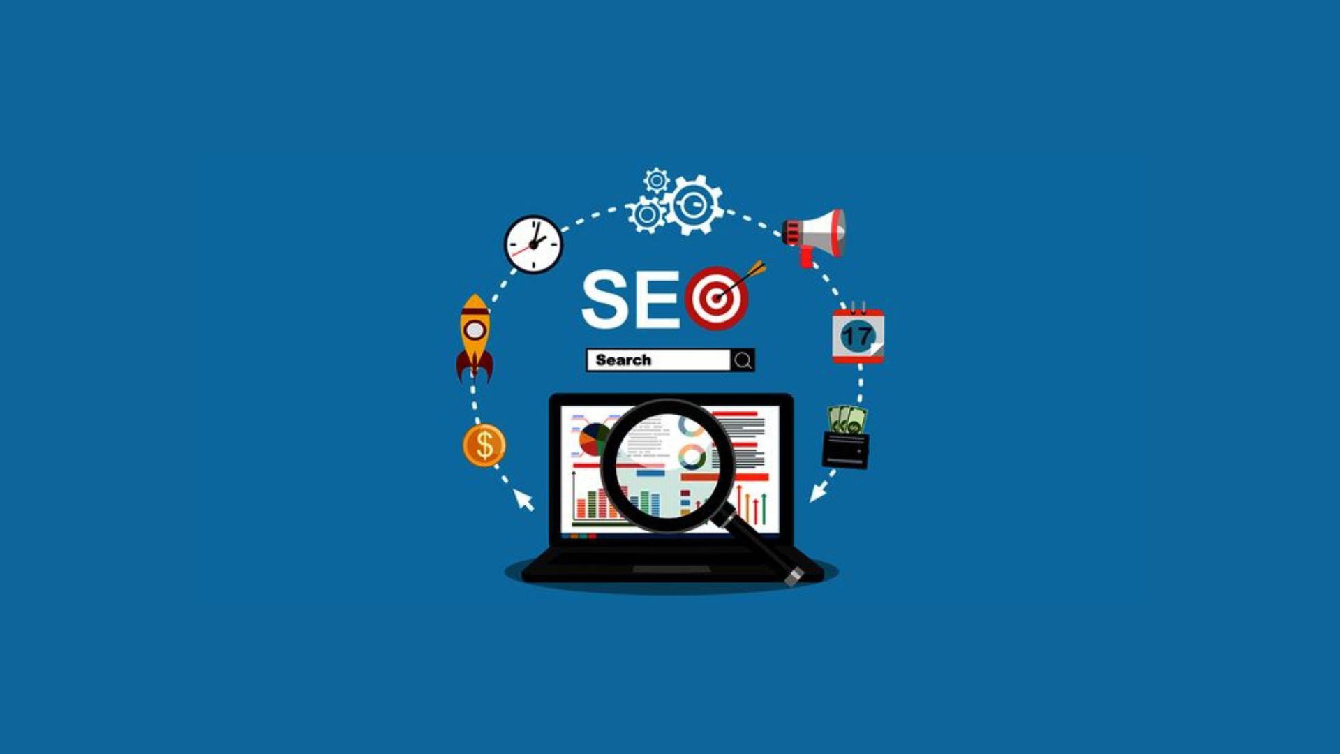 Gambar ilustrasi berlatar biru dengan tulisan seo berwarna putih dan elemen digital marketing
