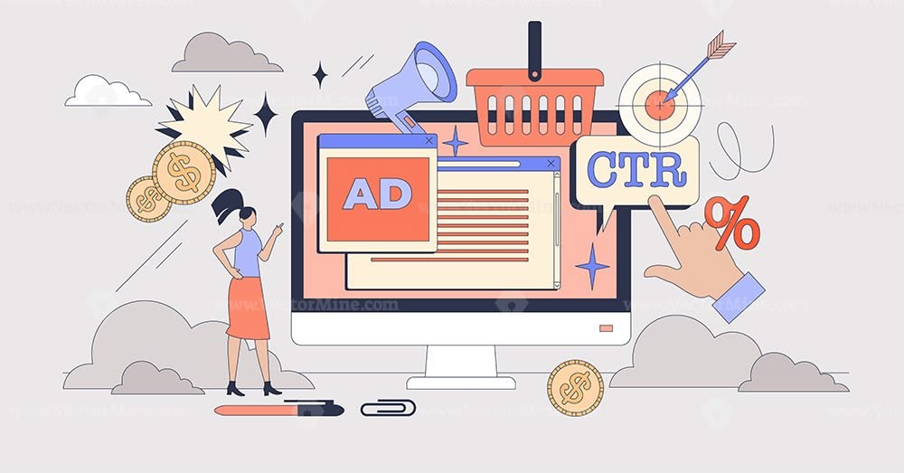 177e14778b3a60b15f43cabb1381c666 Gambar ilustrasi berwarna tentang iklan digital di layar komputer