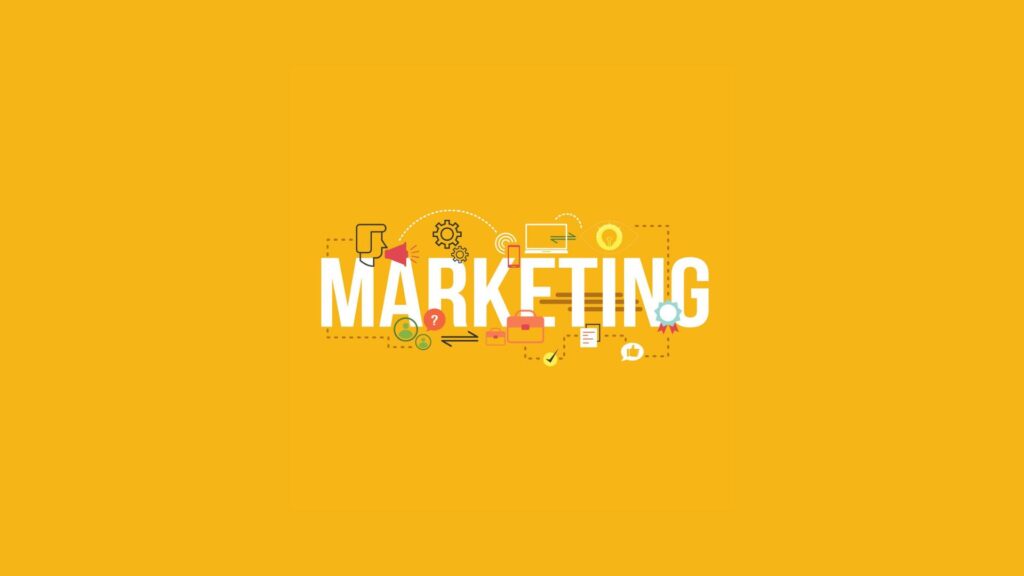 Gambar ilustrasi berlatar kuning dengan tulisan marketing berwarna putih