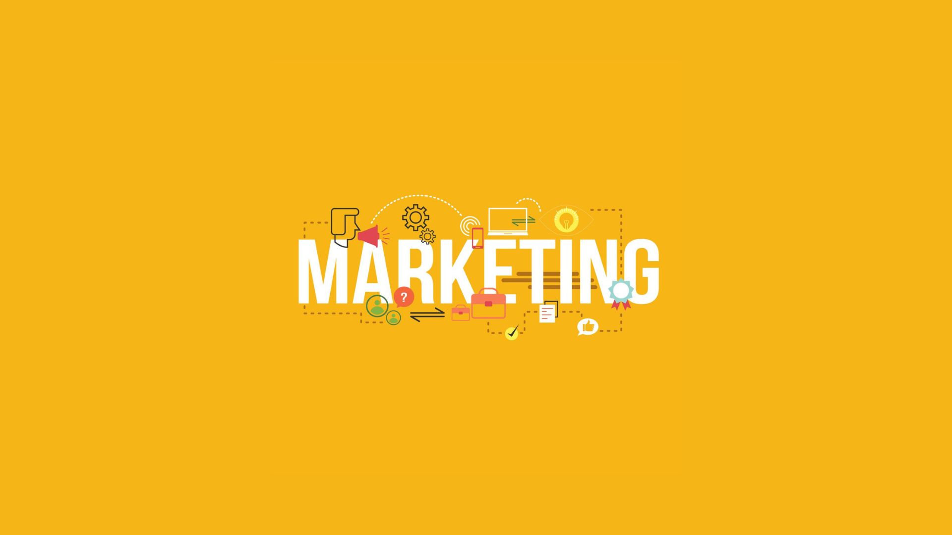 Gambar ilustrasi berlatar kuning dengan tulisan marketing berwarna putih