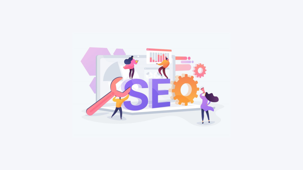 Gambar ilustrasi tulisan SEO dengan element digital dan latar berwarna putih bersih