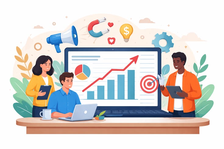 a62ace0b4c50615f689d62cd58ed8d60 Gambar ilustrasi tiga orang sedang menganalisa grafik di layar laptop