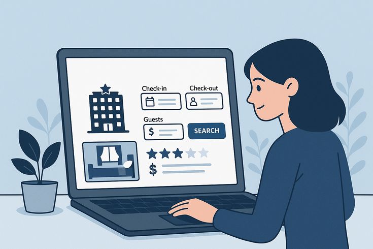 a9122878067b9f813b4435a01f14407f Gambar ilustrasi seorang wanita duduk di depan laptop sedang melihat ekosistem digital hotel
