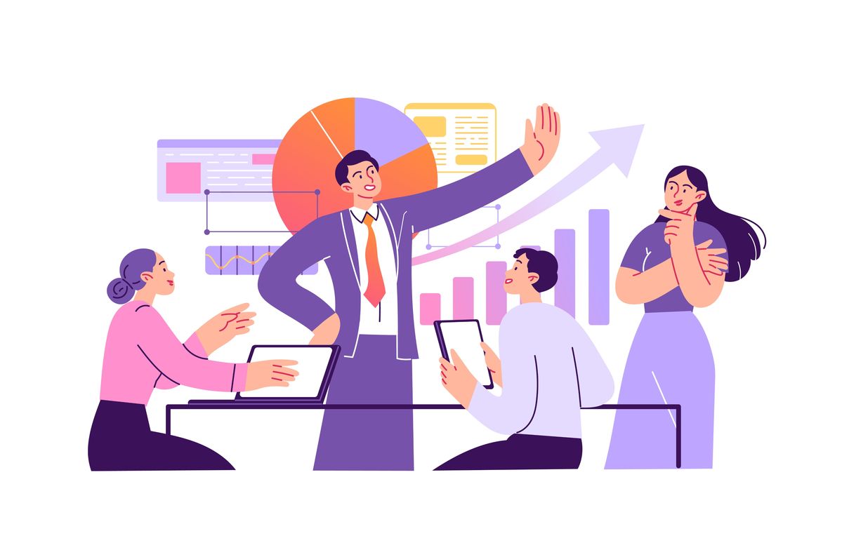 a81b80b44949d8c1ab7ca1b8bddec71e Gambar ilustrasi empat orang sedang berdiskusi mengenai grafik peningkatan