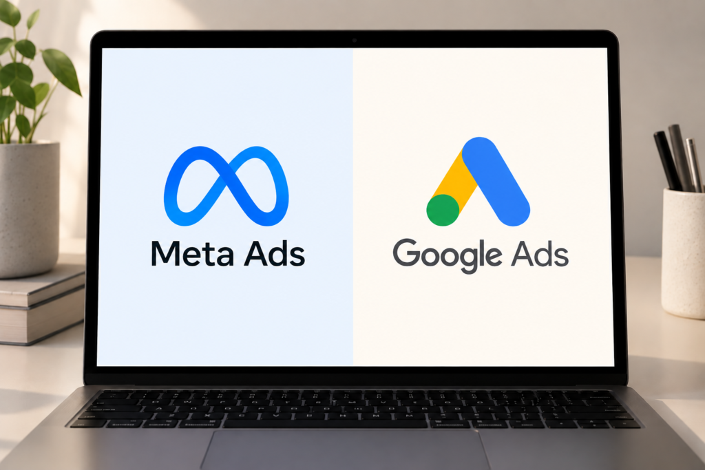 Laptop screen showing Meta Ads and Google Ads logos side by side on a work desk