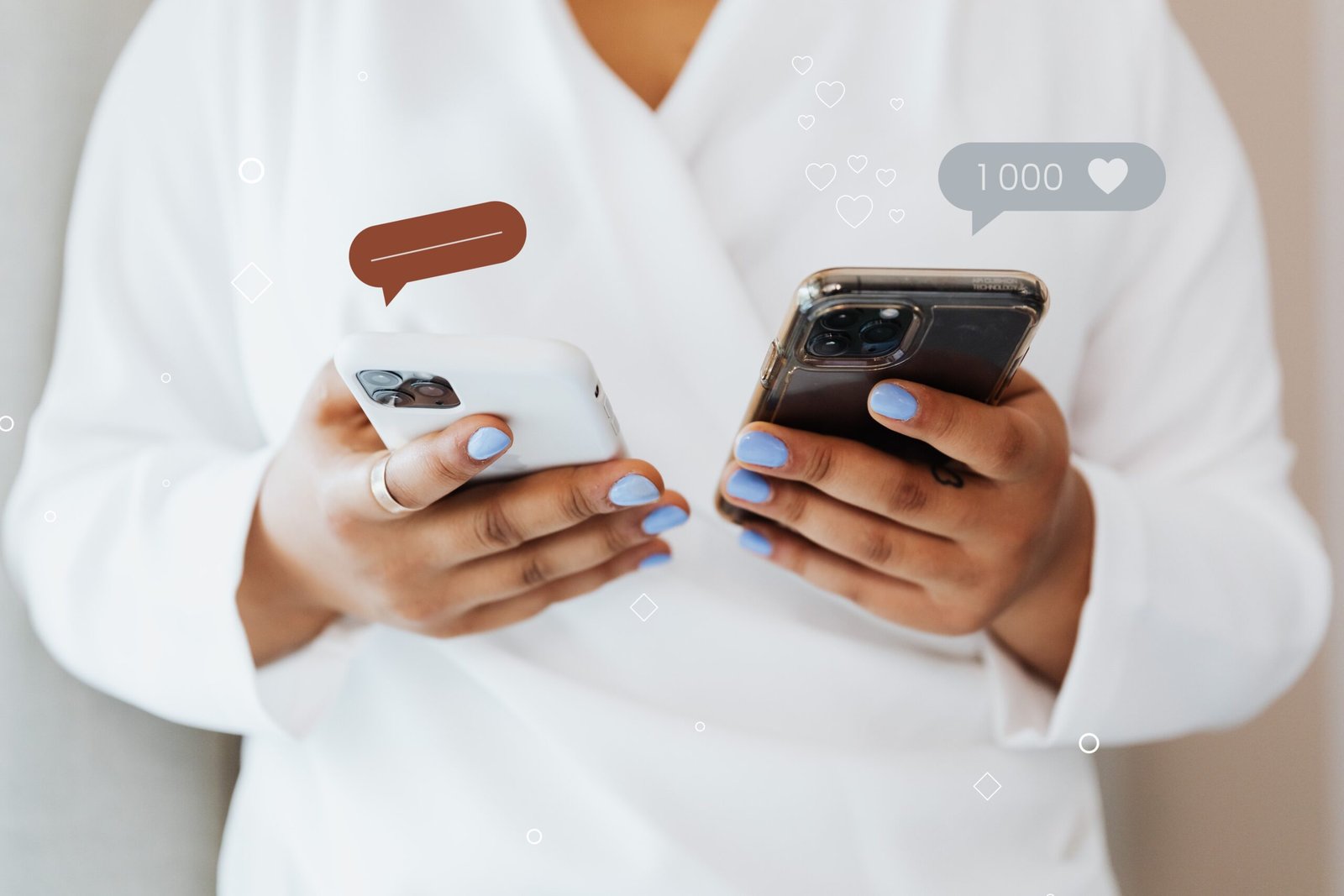 A woman in a white robe interacts with two smartphones, showcasing social media engagement icons