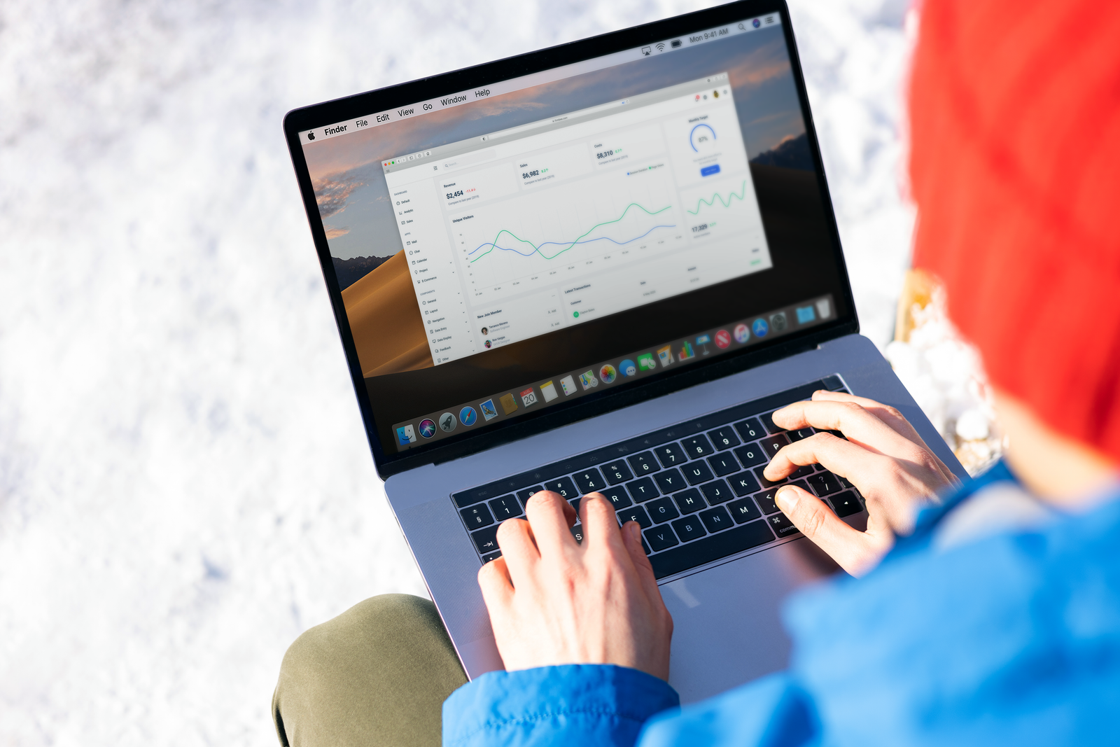 Person using a laptop showing an analytics dashboard with visitor and revenue charts