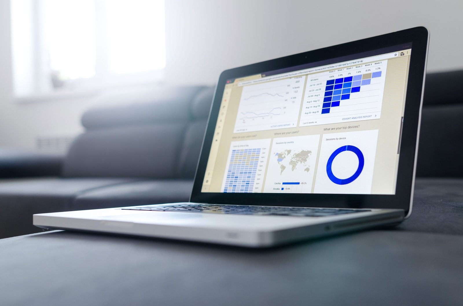Layar laptop menampilkan analisis data dan grafik di layar di ruangan yang terang